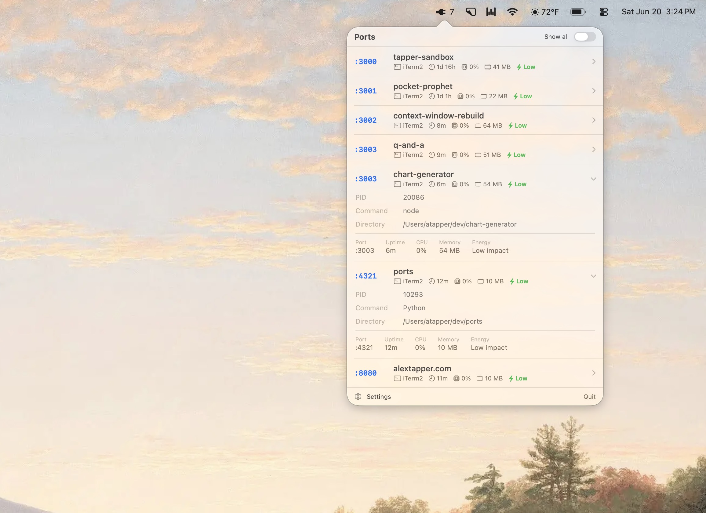 Ports app showing dev servers running on localhost